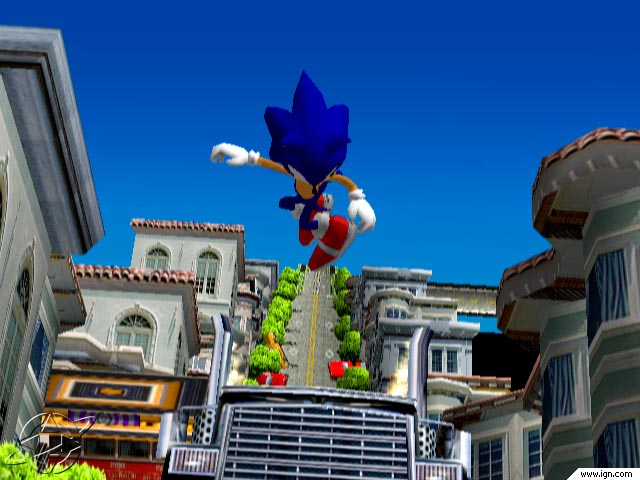 Sonic, while being chased by a truck is NOT the time to check for something sqooshy on the bottom of your shoe, you saw that roadkill coming up, anyway...